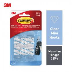 3M Command Clear Mini Hooks with Clear Strips 17006CLR, 6 Hooks with 8 Small Strips per Pack (eceran) - Gantungan Harga Murah